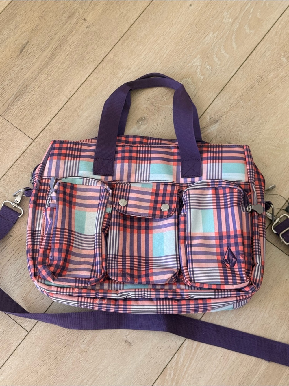 Volcom Purple Plaid Multi-Color Shoulder Tote